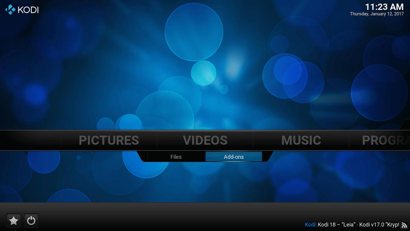 Kodi Main screen. Addons option