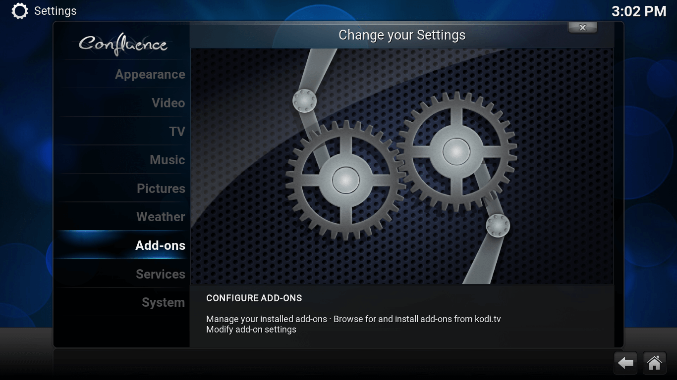 Settings screen. Add-ons option