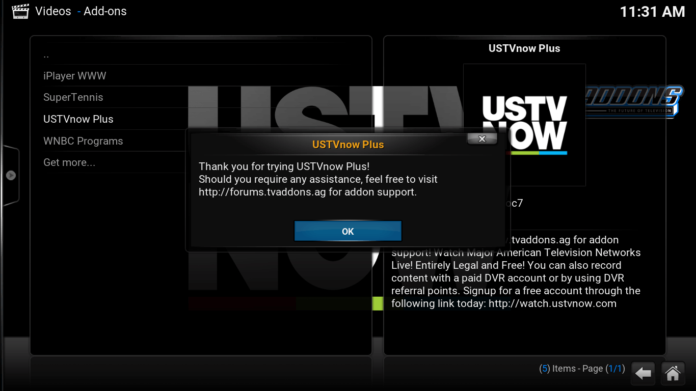 Video Add-ons. USTV now dialog box