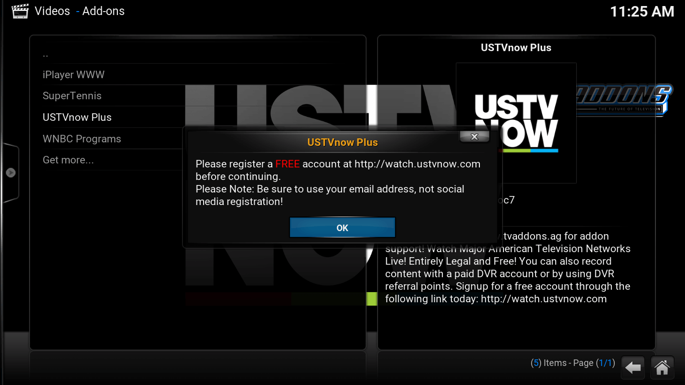 Video Add-ons USTV now Plus dialog box