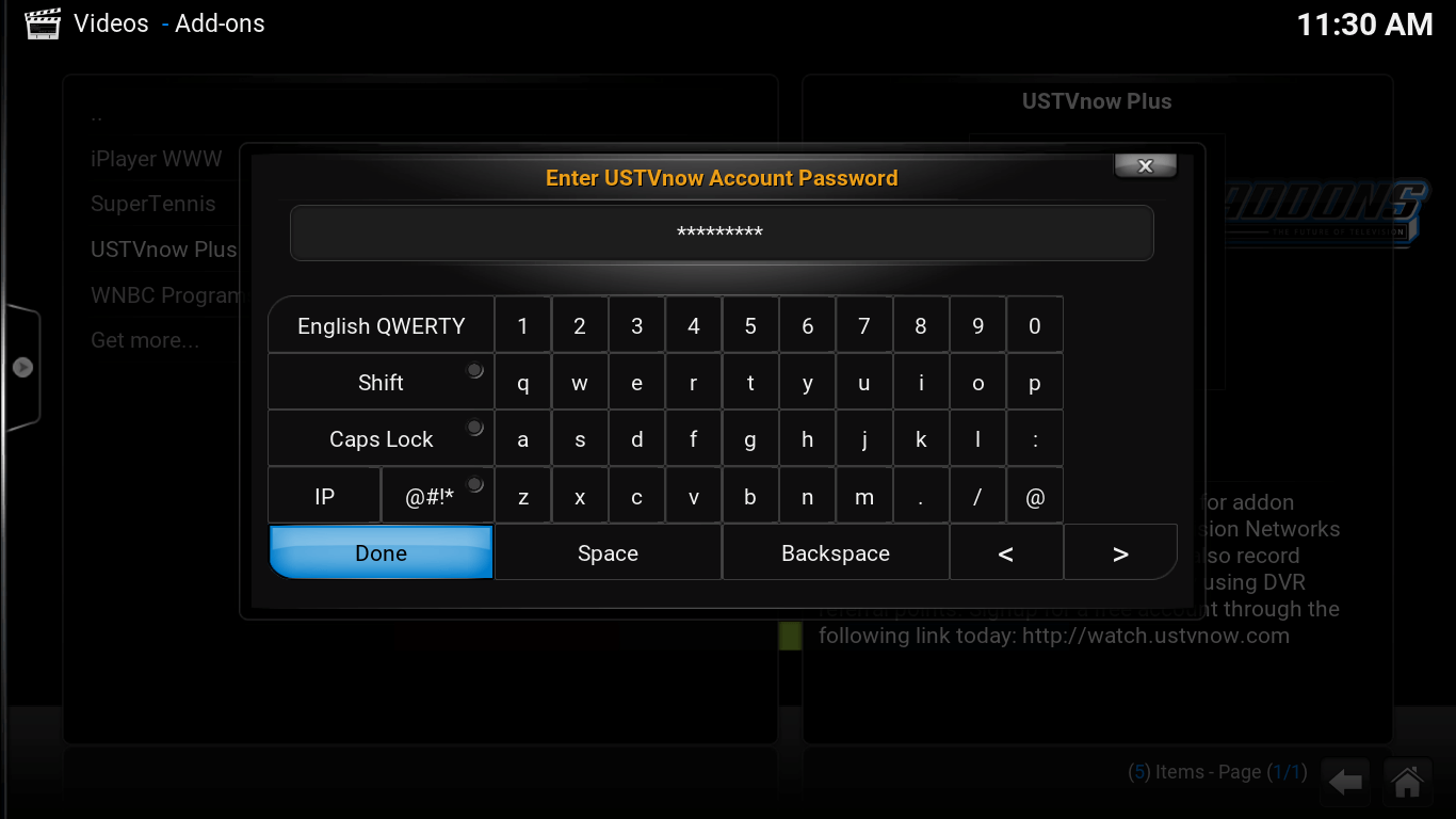 USTV Now account password. Done button. onscreen keyboard