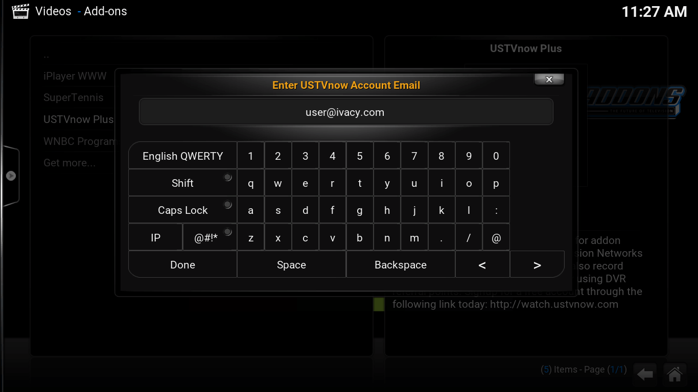On screen keyboard. USTV now Account