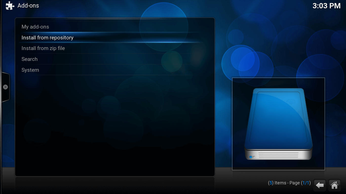 Add-ons screen of Kodi with list