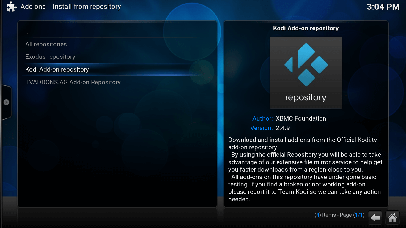 Add-ons screen with repository list