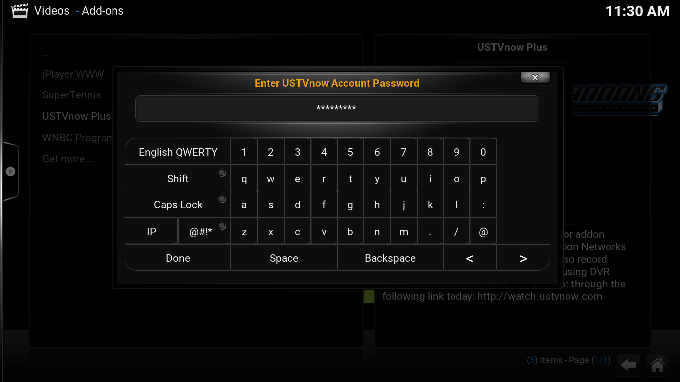 USTV Account Password. On screen keyboard