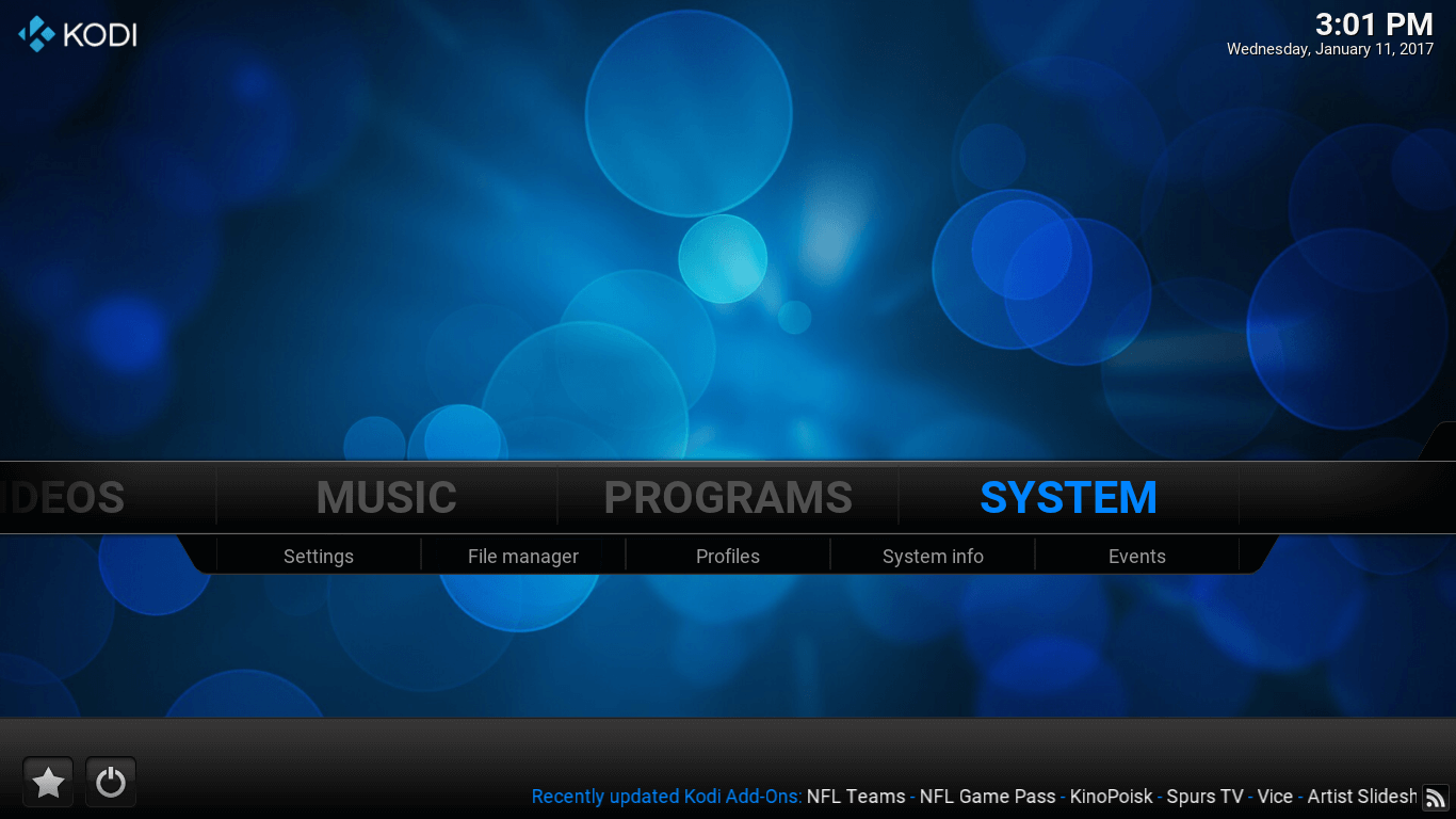 Kodi main screen. SYSTEM tab