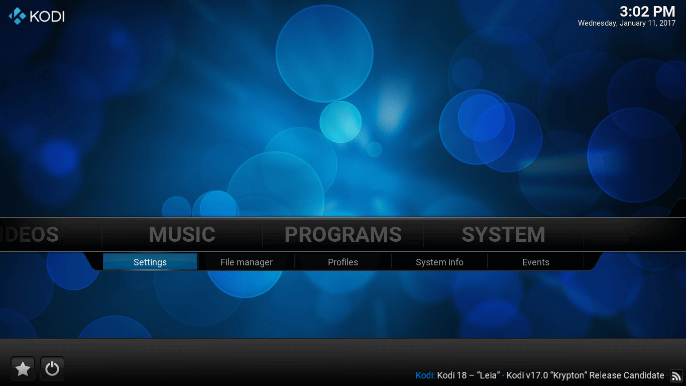 Kodi main screen. Settings option under SYSTEM tab