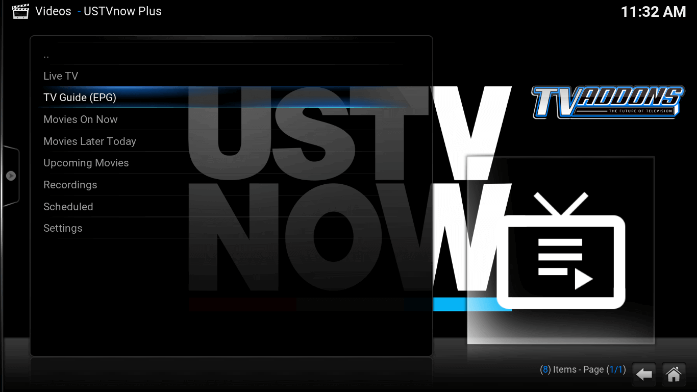 Video add-ons. USTV now screen. List