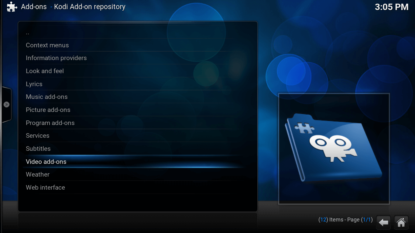 Add-ons screen for Kodi. List includes Video-addons